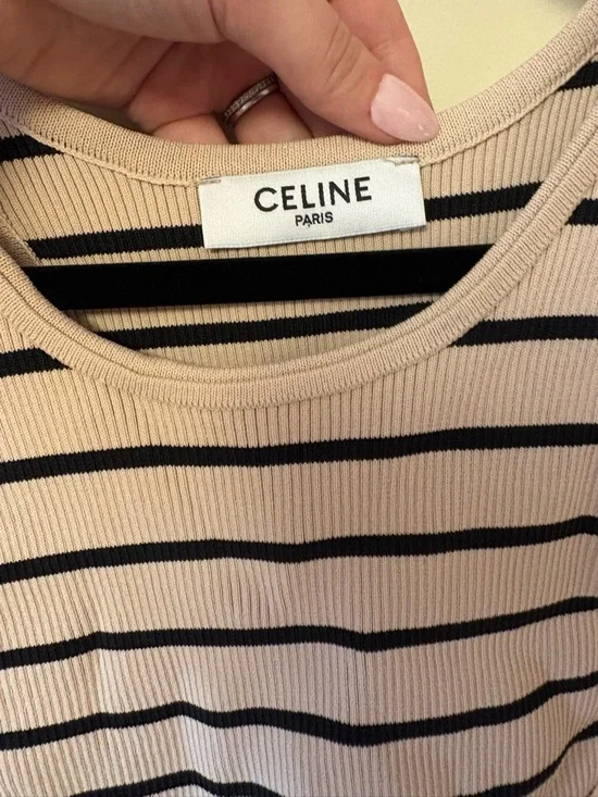 Celine Beige Striped Ribbed Crop Tank Top - Picture 2 of 5